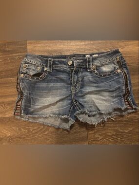 Miss Me Distressed Denim Shorts with Embroidered Side Trim - Blue